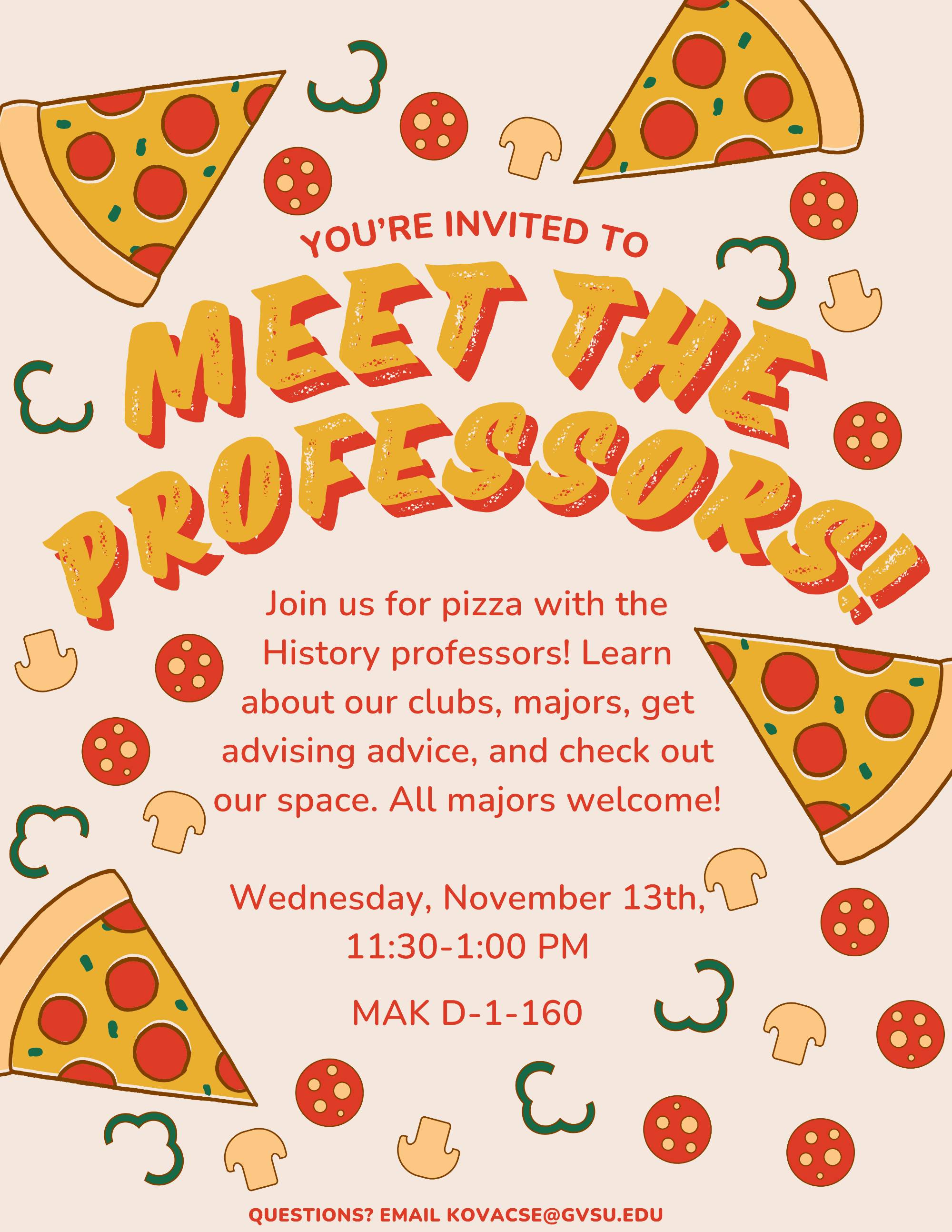 flyer for meet the professors with pizza